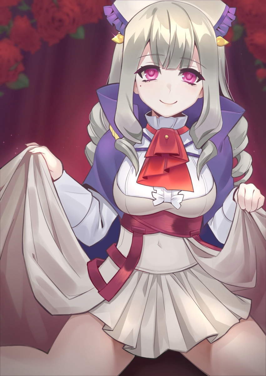 1girl breasts capelet cheshikk clothes_lift commission dress dress_lift drill_hair flower grey_hair highres kneeling kumo_desu_ga_nani_ka? large_breasts long_hair long_sleeves looking_at_viewer mole mole_under_eye purple_capelet red_flower red_neckwear red_rose rose sidelocks smile solo sophia_keren_(kumo_desu_ga_nani_ka?) violet_eyes white_dress white_headwear