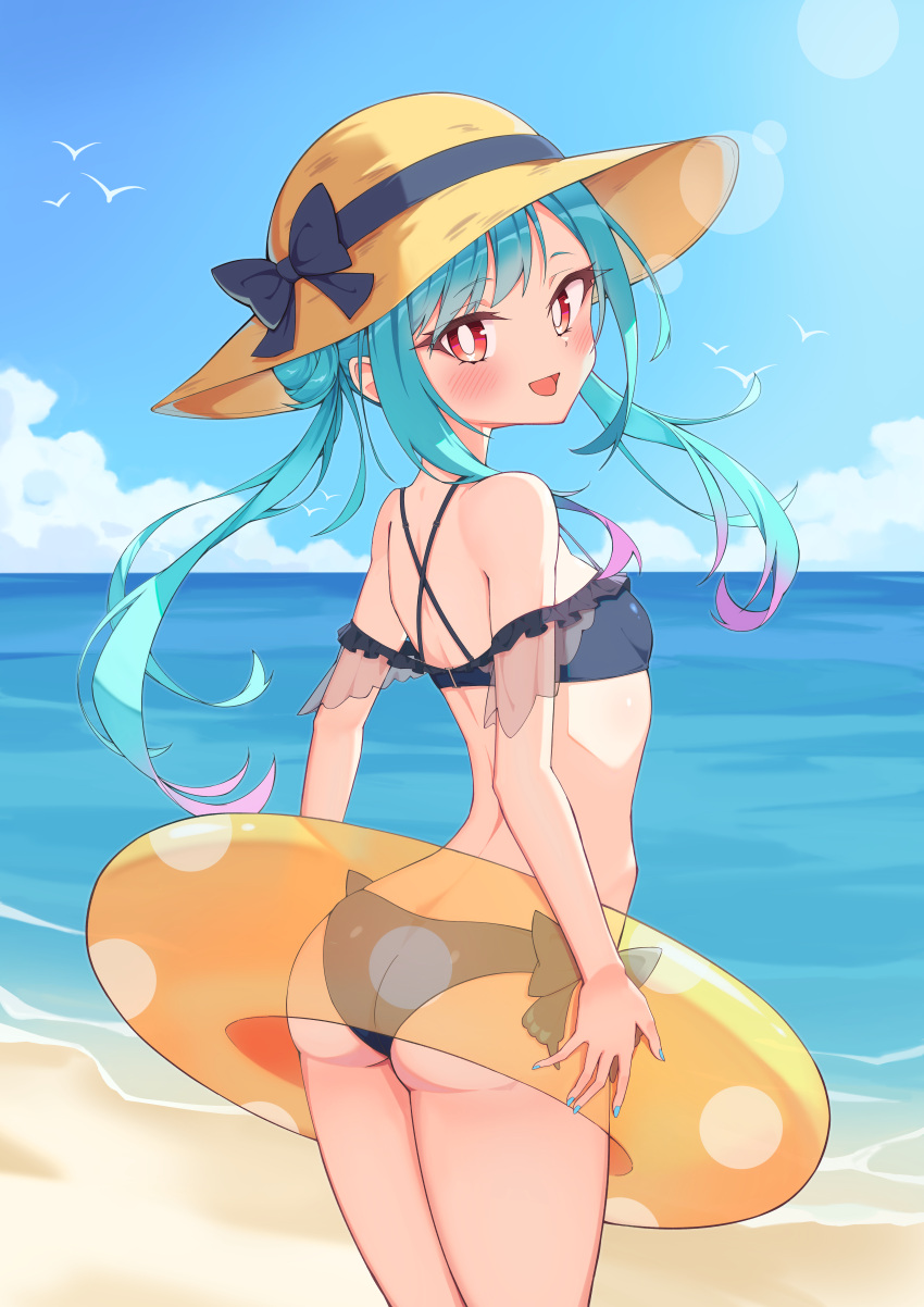 1girl :d absurdres ass back bangs bare_shoulders beach bikini blue_bikini blue_bow blue_hair blue_nails blue_sky blush bow breasts brown_headwear commentary_request cowboy_shot eyebrows_visible_through_hair from_behind gradient_hair hair_bun hat hat_bow highres holding holding_innertube hololive innertube long_hair looking_back multicolored_hair nail_polish ocean open_mouth outdoors pink_hair quarterlift red_eyes short_eyebrows side_bun sky small_breasts smile solo standing streaked_hair sun_hat swimsuit uruha_rushia virtual_youtuber