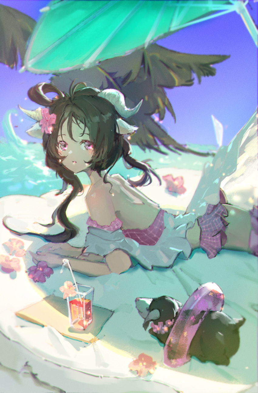 1girl absurdres animal_ears arknights bare_back beach beach_umbrella blue_sky branch brown_hair chinese_commentary commentary_request day drink eyjafjalla_(arknights) eyjafjalla_(summer_flowers)_(arknights) flower from_side goat_ears goat_horns hair_flower hair_ornament highres horizon horns huge_filesize innertube kilala_guan long_hair looking_at_viewer looking_to_the_side lying ocean off-shoulder_swimsuit off_shoulder official_alternate_costume on_stomach outdoors pink_eyes pink_flower pink_swimsuit purple_flower sky solo swimsuit umbrella waves
