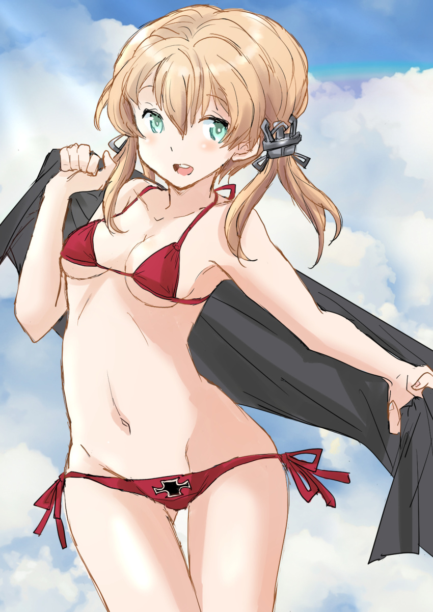 1girl anchor_hair_ornament bikini black_towel blonde_hair blue_sky breasts clouds commentary_request cowboy_shot fuji_(pixiv24804665) green_eyes hair_ornament highres iron_cross kantai_collection long_hair looking_at_viewer lowleg lowleg_bikini open_mouth prinz_eugen_(kancolle) side-tie_bikini sky small_breasts solo swimsuit twintails upper_teeth