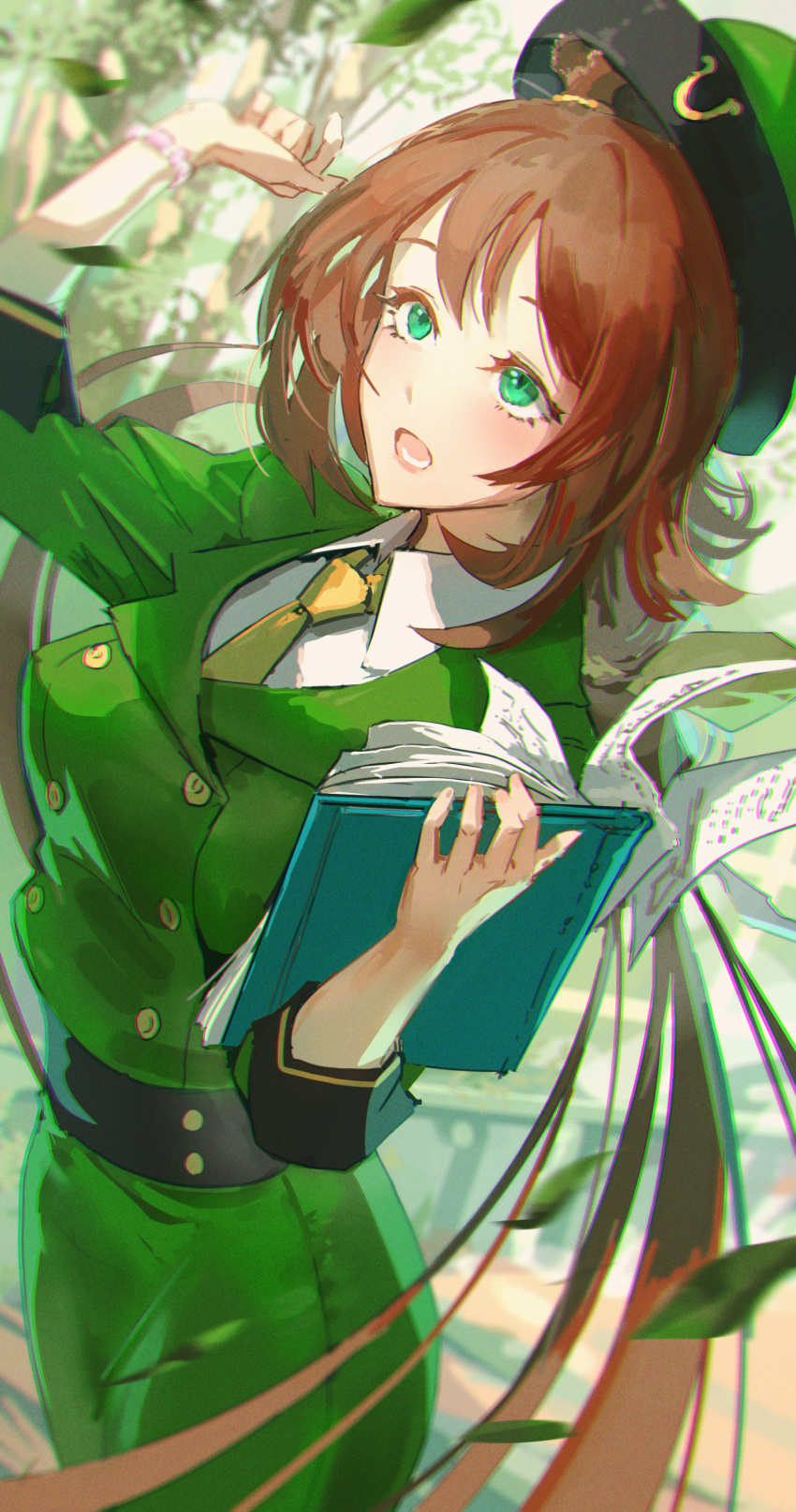 1girl absurdres animal_ears blurry blurry_background brown_hair buttons clipboard commentary_request depth_of_field double-breasted ear_ornament green_eyes green_headwear green_jacket hayakawa_tazuna highres holding horse_ears horse_girl horseshoe_ornament jacket kaburagi_yasutaka long_hair paper partial_commentary solo umamusume watch watch wind
