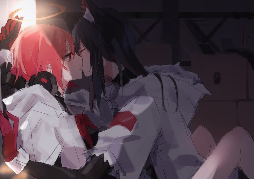 2girls absurdres animal_ear_fluff animal_ears arknights bare_legs black_hair black_sleeves blush bow bowtie box closed_eyes commentary exusiai_(arknights) exusiai_(city_rider)_(arknights) gloves halo headphones highres hood hood_down hooded_jacket indoors jacket kiss light_particles long_hair looking_at_another matsuzaka_(matsuzakagyu_29) multiple_girls official_alternate_costume red_eyes red_gloves red_neckwear redhead short_hair texas_(arknights) texas_(winter_messenger)_(arknights) white_jacket wolf_ears yuri