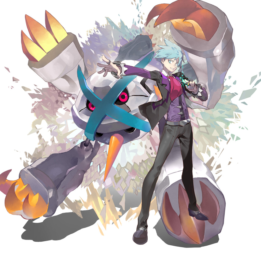 1boy absurdres alternate_color bangs blue_eyes blue_hair commentary gen_3_pokemon highres hiro_(user_negm3832) holding holding_poke_ball jacket jewelry legs_apart long_sleeves male_focus mega_metagross mega_pokemon metagross necktie open_clothes open_jacket outstretched_arm pants parted_lips poke_ball pokemon pokemon_(creature) pokemon_(game) pokemon_oras ring shiny_pokemon shirt shoes short_hair smile spiky_hair spread_fingers standing steven_stone vest white_shirt