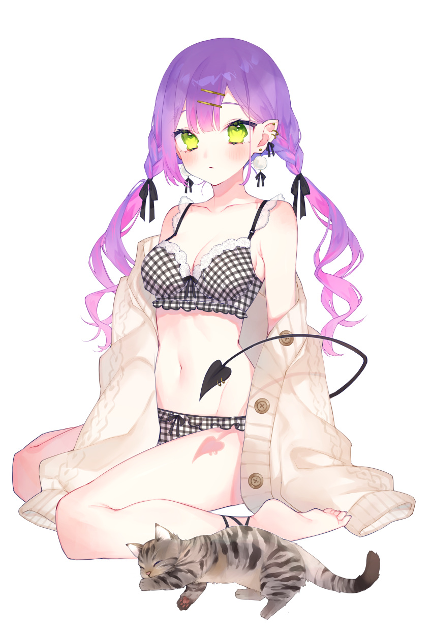 1girl :o absurdres ankle_strap bangs barefoot beige_cardigan black_bow black_ribbon blunt_bangs blush bow bow_bra bow_panties bra breasts cardigan cat checkered checkered_bra checkered_panties chiyomaru_(yumichiyo0606) collarbone drill_hair earrings green_eyes hair_ornament hair_ribbon hairclip highres hololive jewelry lace-trimmed_bra lace_trim long_sleeves looking_at_viewer multicolored_hair navel open_cardigan open_clothes open_mouth panties purple_hair ribbon simple_background sitting small_breasts soles tail tail_piercing tokoyami_towa twin_drills twintails two-tone_hair underwear virtual_youtuber wariza white_background