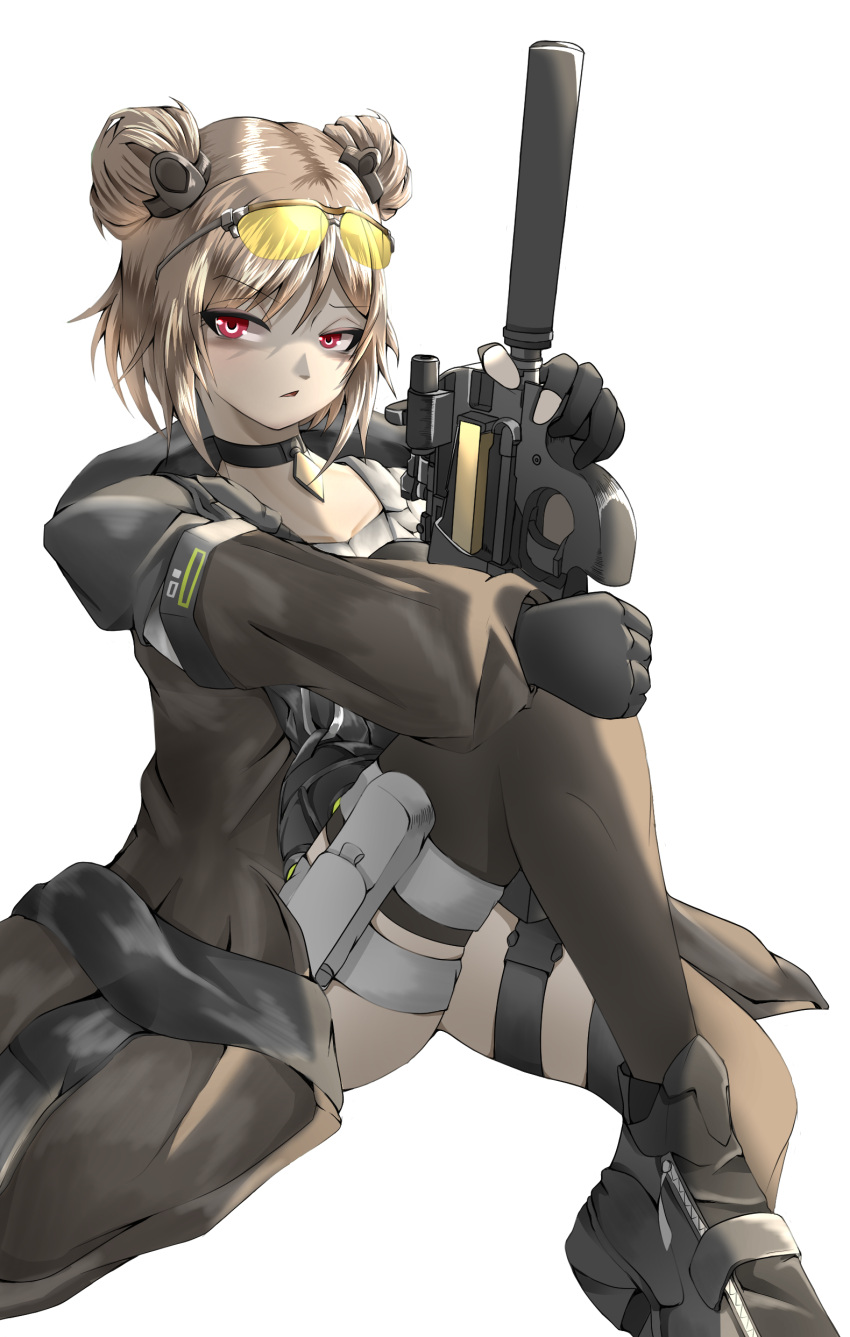 1girl absurdres bullpup choker double_bun girls_frontline gun highres light_brown_hair p90 p90_(girls_frontline) red_eyes short_hair submachine_gun user_nvnc7485 weapon