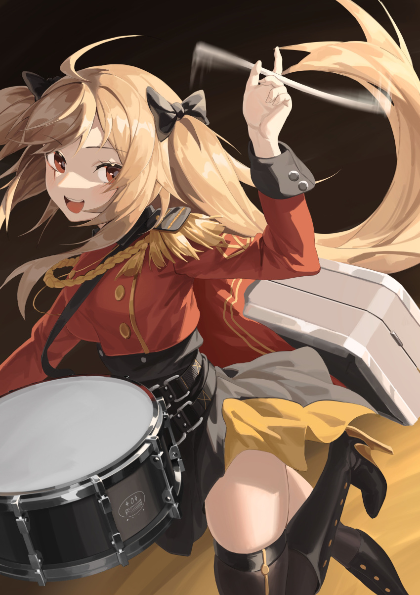 1girl absurdres bangs drum eyebrows_visible_through_hair girls_frontline highres instrument long_hair looking_at_viewer marching_band open_mouth ribbon rui_(rei_leyi) scar scar_across_eye smile solo twintails ump9_(girls_frontline) uniform
