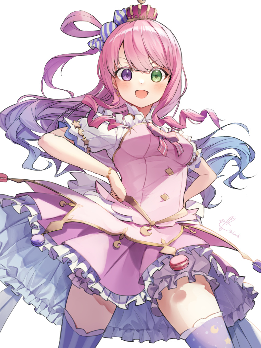 1girl bangs blush bow breasts candy_hair_ornament cowboy_shot crown dress eyebrows_visible_through_hair food food-themed_hair_ornament frilled_dress frills gradient_hair green_eyes hair_ornament hair_rings hands_on_hips heterochromia highres himemori_luna hololive jewelry kito_koruta layered_dress long_hair looking_at_viewer macaron mini_crown multicolored_hair one_side_up open_mouth pink_hair princess purple_hair sidelocks simple_background solo thigh-highs violet_eyes virtual_youtuber wavy_hair white_background