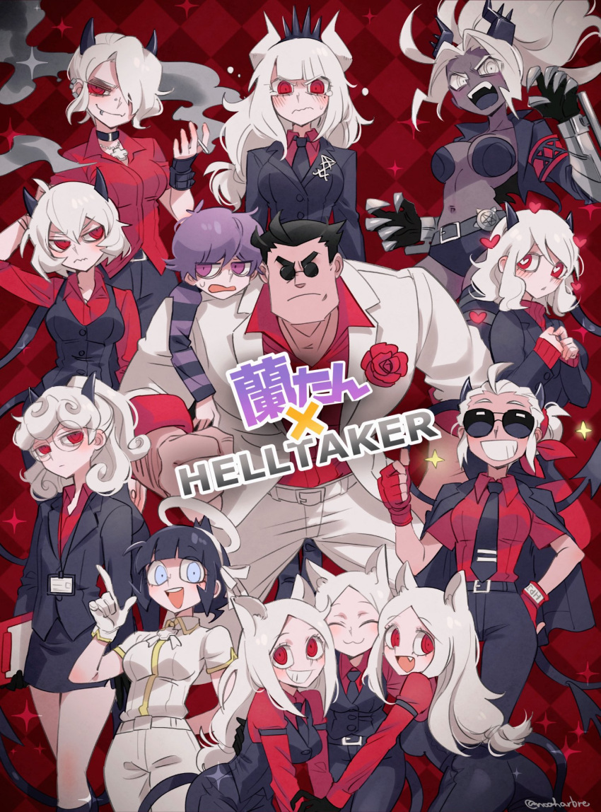 1boy 6+girls :3 :d ahoge angel animal_ears ass azazel_(helltaker) bangs belt black_gloves black_hair black_horns black_jacket black_pants black_skirt black_vest breasts cerberus_(helltaker) character_request cigarette colored_skin dog_ears dog_tail fang fangs flower frown glasses gloves grey_eyes grey_skin grin hair_ornament hair_over_one_eye halo hand_up hat heart heart-shaped_pupils heart_hair_ornament helltaker helltaker_(character) highres horns index_finger_raised jacket jacket_on_shoulders judgement_(helltaker) justice_(helltaker) large_breasts long_hair looking_at_another lucifer_(helltaker) malina_(helltaker) medium_breasts miniskirt modeus_(helltaker) multiple_girls necktie noaharbre open_clothes open_jacket open_mouth pandemonica_(helltaker) pants red_background red_eyes red_flower red_gloves red_rose red_shirt rose shirt short_hair skin_fang skirt smile smoking sparkle striped sunglasses symbol-shaped_pupils tail tearing_up thumbs_up translation_request triplets twitter_username vest white_belt white_gloves white_jacket white_pants white_skin zdrada_(helltaker)