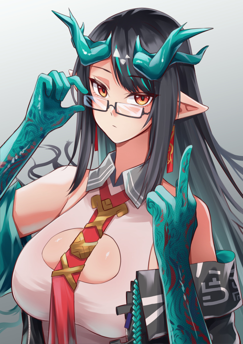 1girl absurdres arknights bangs bare_shoulders bespectacled black-framed_eyewear black_hair breasts cleavage_cutout clothing_cutout commentary commission dress dusk_(arknights) eyebrows_visible_through_hair glasses gradient gradient_background grey_background hands_up henthaisan highres horns large_breasts long_hair looking_at_viewer middle_finger off_shoulder pointy_ears red_neckwear solo upper_body very_long_hair white_dress yellow_eyes