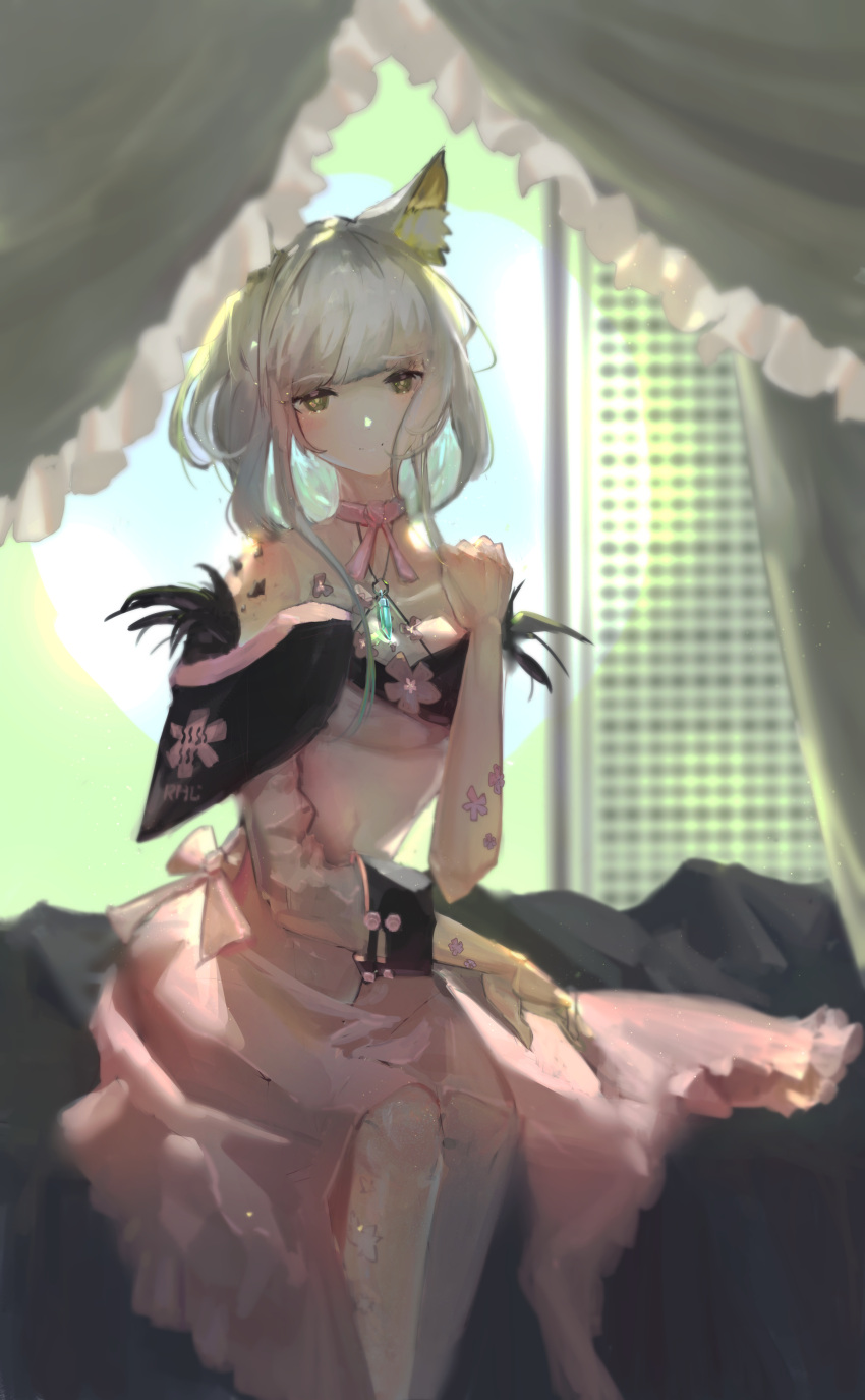 1girl absurdres animal_ear_fluff animal_ears arknights asymmetrical_sleeves bangs cat_ears chinese_commentary choker closed_mouth commentary_request curtains dress eyebrows_visible_through_hair feet_out_of_frame green_eyes hand_up highres kal'tsit_(arknights) kilala_guan light_particles looking_at_viewer medium_hair off-shoulder_dress off_shoulder on_bed oripathy_lesion_(arknights) pink_choker pink_dress sitting smile solo white_hair