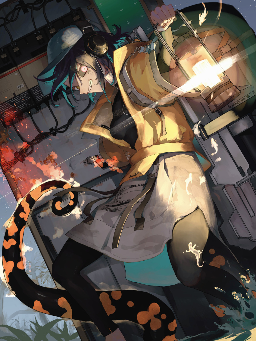 1girl absurdres arknights asbestos_(arknights) baseball_cap black_bodysuit black_hair black_sclera blue_hair blue_headwear bodysuit colored_sclera commentary_request crazy_smile dutch_angle feet_out_of_frame grin hat headphones highres holding holding_lantern holding_shield jacket kenseeeeeeee lantern looking_at_viewer mismatched_sclera multicolored_hair open_clothes open_jacket plant salamander_tail sharp_teeth shield skirt smile solo strap tail teeth two-tone_hair wading water white_skirt yellow_jacket