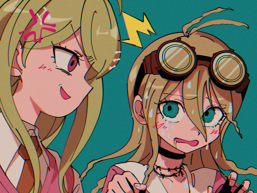 2girls ^^^ akamatsu_kaede anger_vein antenna_hair bangs barbed_wire black_choker black_gloves blonde_hair blush choker collarbone commentary_request dangan_ronpa_(series) dangan_ronpa_v3:_killing_harmony drooling fingerless_gloves gloves goggles goggles_on_head green_background green_eyes hair_between_eyes hands_up highres iruma_miu long_hair looking_at_another multiple_girls necktie nzeneee open_mouth pink_eyes pink_vest portrait red_neckwear saliva shiny shiny_hair simple_background sweat vest