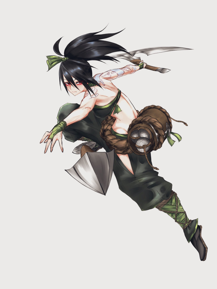 1girl akali arm_tattoo bangs belt_pouch black_hair breasts bridal_gauntlets closed_mouth crop_top expressionless eyeliner eyeshadow fighting_stance fingerless_gloves full_body gloves green_gloves green_pants green_ribbon green_shirt grey_background hair_between_eyes hair_ribbon highres holding holding_scythe holding_weapon incoming_attack kama_(weapon) knife kunai league_of_legends long_hair makeup moguru0808 ninja no_mask pants ponytail pouch ribbon rope_belt scythe shirt shoulder_tattoo sickle simple_background smoke_bomb solo tattoo throwing throwing_knife weapon