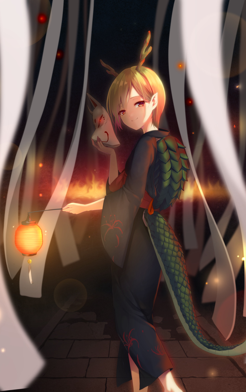 1girl absurdres alternate_costume blonde_hair commentary_request dragon_horns dragon_tail feet_out_of_frame fox_mask highres horns japanese_clothes kicchou_yachie lantern looking_at_viewer mask mask_removed nnyara paper_lantern pointy_ears red_eyes short_hair smile solo standing tail touhou turtle_shell wide_sleeves