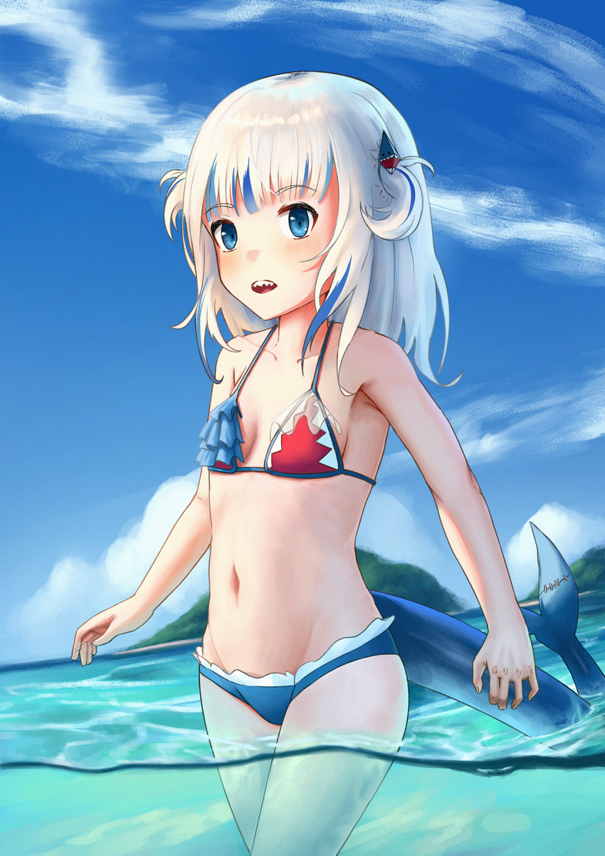1girl armpits bangs bare_shoulders bikini blue_bikini blue_eyes blue_hair blunt_bangs blush breasts clouds collarbone commentary female fish_tail frilled_bikini frills gawr_gura highres hololive hololive_english looking_at_viewer medium_hair midriff multicolored_hair navel open_mouth parted_lips partially_submerged raedrobart shark_girl shark_tail sharp_teeth shore sideboob sky small_breasts solo streaked_hair swimsuit tail teeth two_side_up underwater upper_teeth virtual_youtuber wading walking white_hair