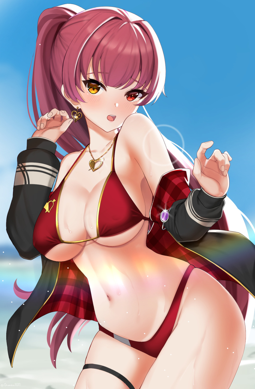 1girl bangs bikini black_jacket blue_sky blush breasts day earrings eyebrows_visible_through_hair heart heart_earrings heart_necklace heterochromia high_ponytail highres hololive houshou_marine jacket jewelry large_breasts long_hair long_sleeves looking_at_viewer nassss navel necklace off_shoulder open_clothes open_jacket open_mouth outdoors ponytail red_bikini red_eyes redhead skindentation sky solo standing swimsuit thigh_strap virtual_youtuber yellow_eyes