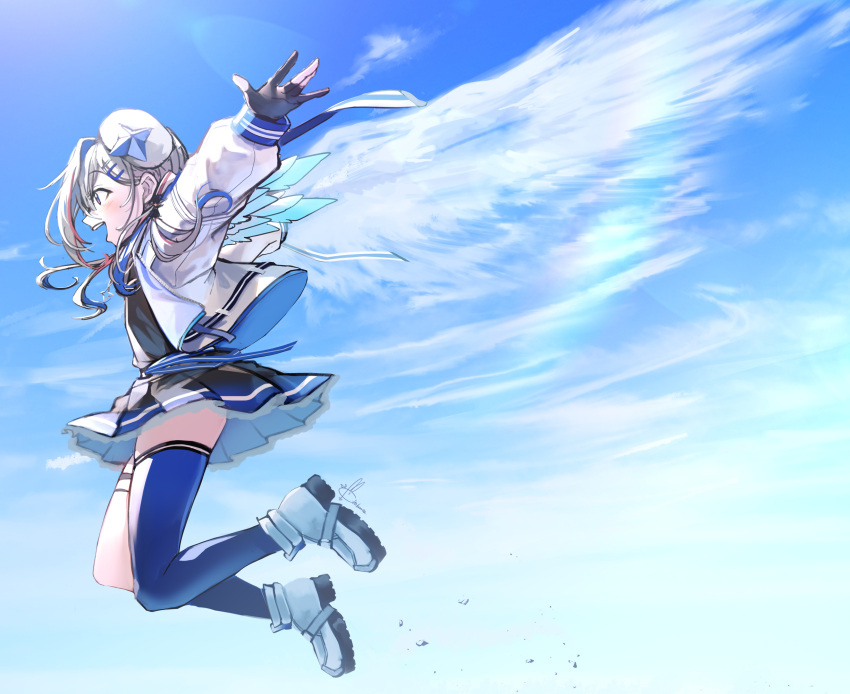 1girl amane_kanata angel angel_wings beret black_gloves black_shirt black_skirt blue_hair blue_legwear blue_skirt blue_sky blush clouds cloudy_sky day feathered_wings fingerless_gloves flat_chest from_side full_body gloves hair_between_eyes hair_ornament hairclip halo hat highres hololive jacket jumping kito_koruta lens_flare long_sleeves medium_hair multicolored_hair official_alternate_costume open_clothes open_jacket open_mouth outdoors outstretched_arm pink_hair profile rainbow shirt shoes signature silver_hair single_thighhigh skirt sky smile sneakers solo streaked_hair thigh-highs thigh_strap thighs two-tone_skirt violet_eyes virtual_youtuber white_footwear white_headwear white_jacket wings
