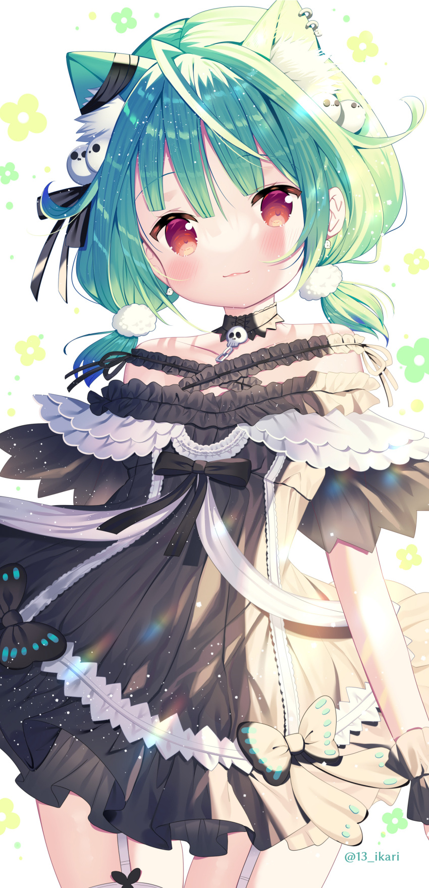 1girl absurdres animal_ear_fluff animal_ears bangs bare_shoulders black_bow black_dress blush bow cat_ears closed_mouth commentary_request dress ear_piercing eyebrows_visible_through_hair frilled_dress frills garter_straps green_hair highres hololive ikari_(aor3507) long_hair looking_at_viewer low_twintails off-shoulder_dress off_shoulder piercing red_eyes smile solo twintails uruha_rushia virtual_youtuber white_background