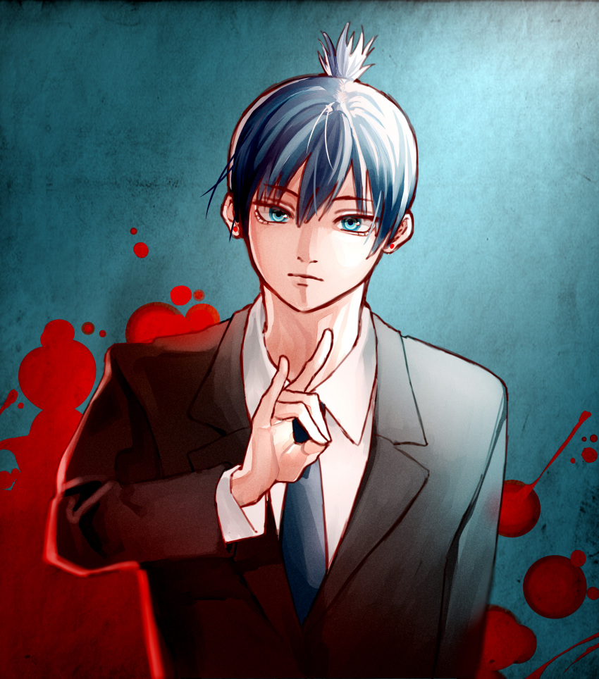 1boy absurdres black_suit blood blood_splatter blue_eyes blue_hair blue_neckwear chainsaw_man closed_mouth e_(xrpa4zlquxlfk27) earrings formal fox_shadow_puppet hand_gesture hayakawa_aki_(chainsaw_man) highres jewelry looking_at_viewer male_focus necktie ponytail solo stud_earrings suit upper_body