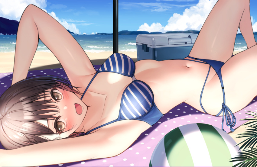 1girl :d armpits arms_up ball bangs beach beach_towel beachball bikini blue_bikini blue_ribbon blush box breasts brown_hair day eyebrows_visible_through_hair from_side knees_up looking_at_viewer looking_to_the_side lying mottsun_(i_40y) navel on_back open_mouth original outdoors polka_dot ribbon short_hair side-tie_bikini small_breasts smile solo stomach striped striped_bikini swimsuit towel