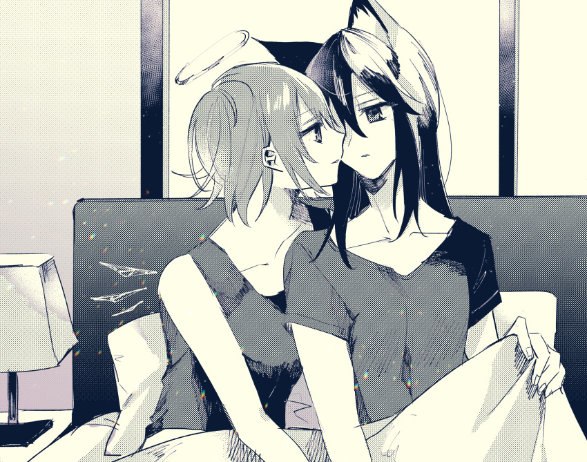 2girls animal_ears arknights bare_arms bed collarbone commentary energy_wings expressionless exusiai_(arknights) eye_contact face-to-face greyscale halo highres lamp lens_flare long_hair looking_at_another matsuzaka_(matsuzakagyu_29) monochrome multiple_girls parted_lips pillow shirt short_hair short_sleeves smile spot_color t-shirt tank_top texas_(arknights) under_covers upper_body wolf_ears wolf_girl yuri