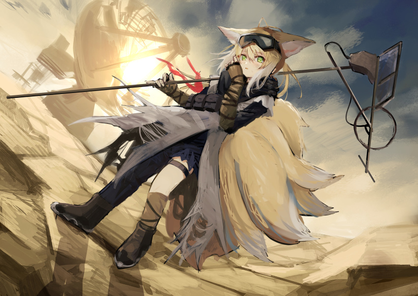 2girls absurdres animal_ears arknights asymmetrical_legwear backlighting belt_pouch black_footwear black_shirt blonde_hair blue_pants boots building clouds commentary desert dust_cloud dutch_angle fox_ears fox_girl fox_tail full_body goggles goggles_on_head gradient_hair green_eyes grey_cloak hands_up highres holding holding_staff kyuubi large_tail looking_at_viewer matsuzaka_(matsuzakagyu_29) multicolored_hair multiple_girls multiple_tails official_alternate_costume outdoors pants parted_lips pouch red_ribbon ribbon rock satellite_dish shadow shirt solo staff standing suzuran_(arknights) suzuran_(lostlands_flowering)_(arknights) tail thigh_strap white_hair