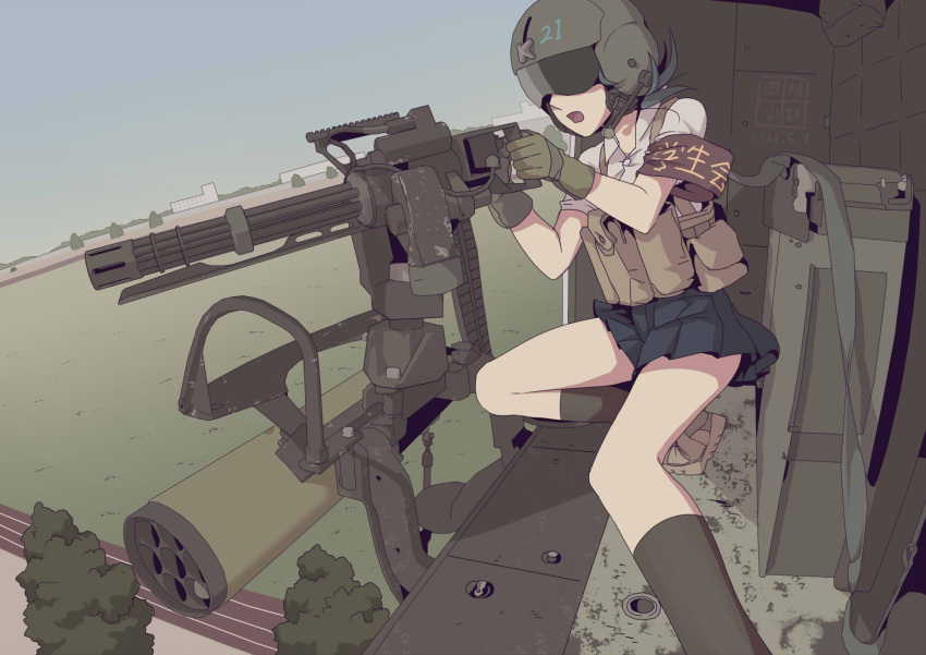 1girl ammunition_belt armband etmc1992 gatling_gun gun helicopter_interior helmet highres holding holding_gun holding_weapon machine_gun minigun missile_pod original pilot_helmet school_uniform shoes solo uniform visor_cap weapon