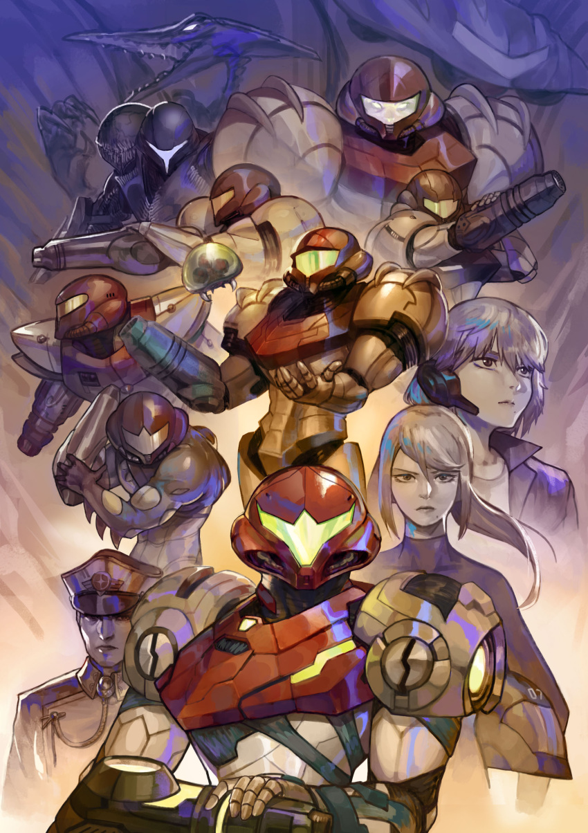 absurdres adam_malkovich arm_cannon boridongja dark_samus fusion_suit glowing glowing_eyes helmet highres metroid metroid_(creature) military military_uniform monster multiple_persona ponytail power_armor ridley sa-x samus_aran uniform varia_suit weapon zero_suit