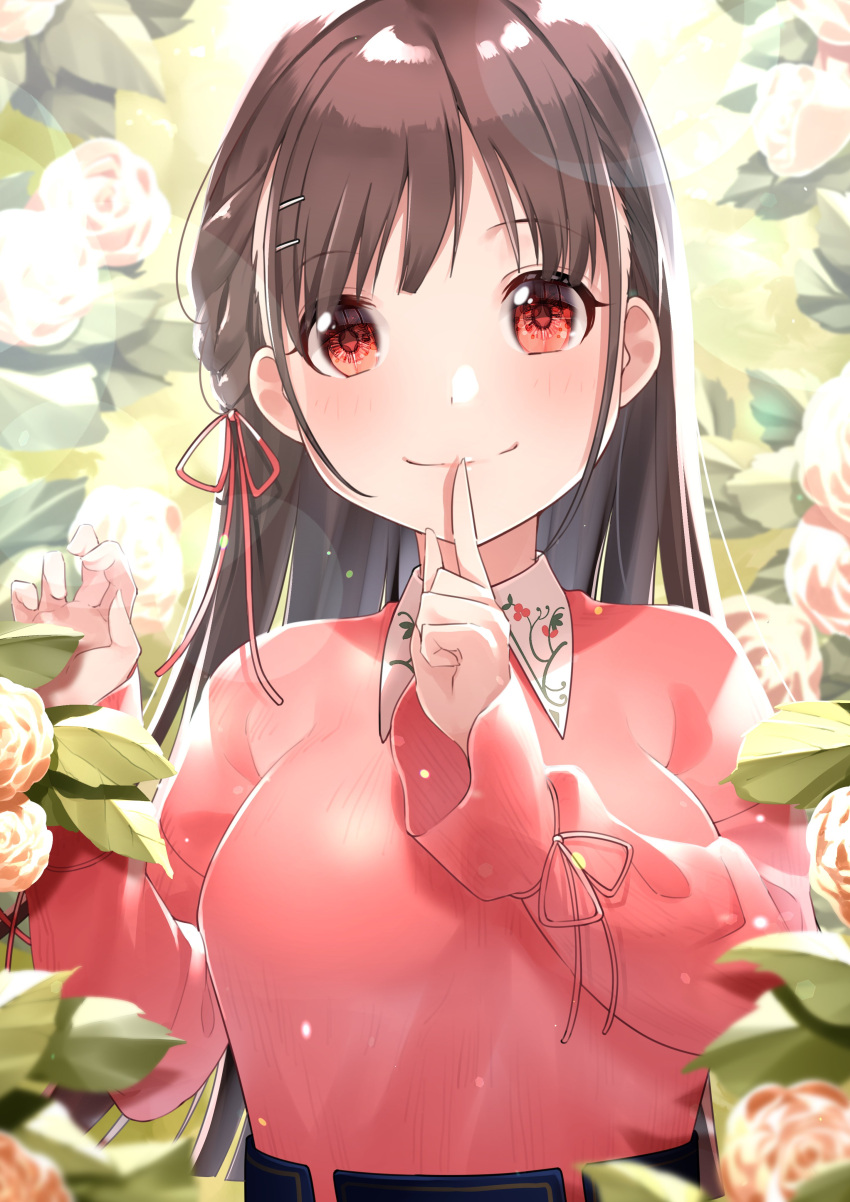 1girl absurdres braid brown_hair commentary_request finger_to_mouth flower hair_ornament hair_ribbon hairclip highres idolmaster idolmaster_shiny_colors leaf long_hair long_sleeves looking_at_viewer pink_shirt puni_(punycolors) red_eyes ribbon rose shirt smile solo sonoda_chiyoko upper_body