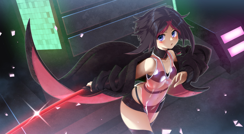 1girl azki_(hololive) black_hair black_jacket black_shorts blush breasts building commentary_request dress highres holding holding_sword holding_weapon hololive jacket katana looking_at_viewer mizunashi_(second_run) multicolored_hair navel night off_shoulder open_clothes open_jacket outdoors parted_lips pelvic_curtain pink_dress redhead see-through short_shorts shorts sleeveless sleeveless_dress small_breasts solo streaked_hair sword violet_eyes virtual_youtuber weapon