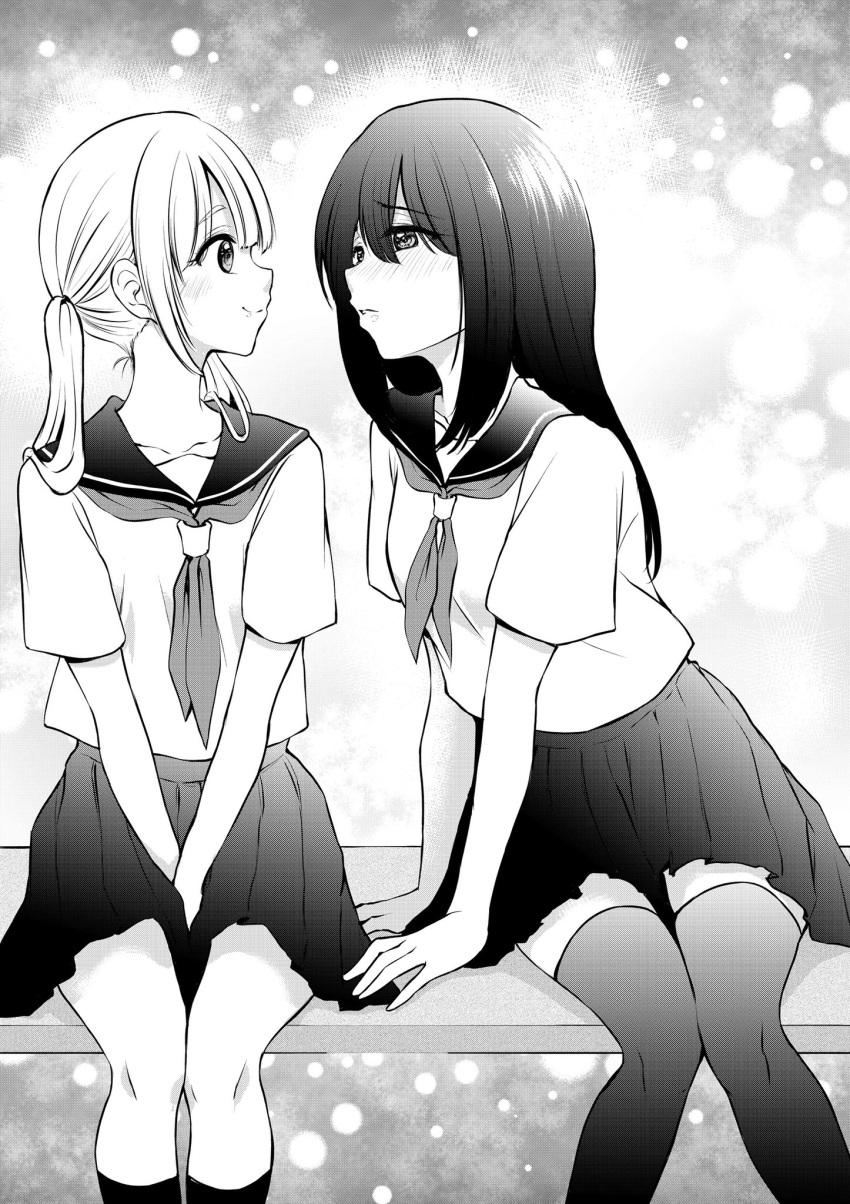 2girls between_legs black_hair black_legwear face-to-face hand_between_legs highres kneehighs long_hair looking_at_another monochrome multiple_girls open_mouth school_uniform serafuku shy sitting smile soleil0717 thigh-highs twintails yuri