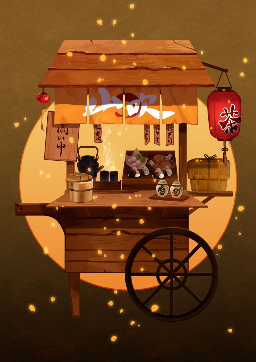 chinese_text commentary_request cup cyannism dango food food_stand highres lantern onigiri original petals sign simple_background steam teacup teapot translation_request wagashi wheel