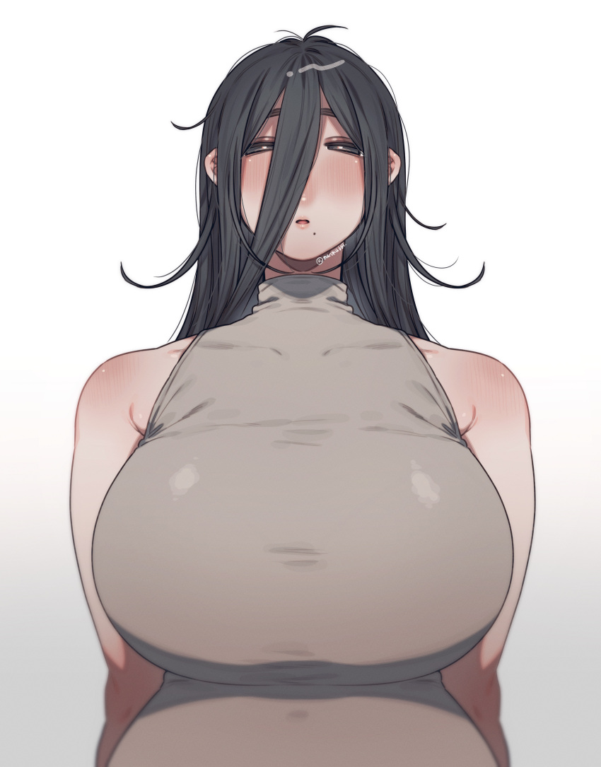1girl absurdres ahoge arms_behind_back artist_name bare_shoulders black_hair blurry blush breasts character_request collarbone commentary_request copyright_request covered_collarbone depth_of_field eyebrows_behind_hair grey_eyes hair_between_eyes half-closed_eyes highres large_breasts long_hair looking_at_viewer mole mole_under_mouth muroku_(aimichiyo0526) open_mouth shadow sidelocks simple_background sleeveless solo taut_clothes twitter_username upper_body white_background