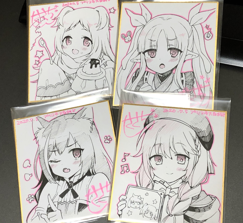 4girls :d absurdres animal_ear_fluff animal_ears bare_shoulders beamed_eighth_notes blush braid breasts cat_ears chieru_(princess_connect!) chloe_(princess_connect!) closed_mouth eighth_note fang food food_on_face hair_ribbon hand_up highres holding holding_plate holding_spoon hood hood_down index_finger_raised japanese_clothes karyl_(princess_connect!) kimono kyouka_(princess_connect!) long_hair miyako_(princess_connect!) multicolored_hair multiple_girls musical_note one_eye_closed open_mouth photo_(medium) plate pointy_ears princess_connect! pudding ribbon sasachin_(k+w) scarf shirt sleeveless sleeveless_shirt sleeves_past_fingers sleeves_past_wrists small_breasts smile sparkle spoon star_(symbol) streaked_hair traditional_media twintails two_side_up yuni_(princess_connect!)