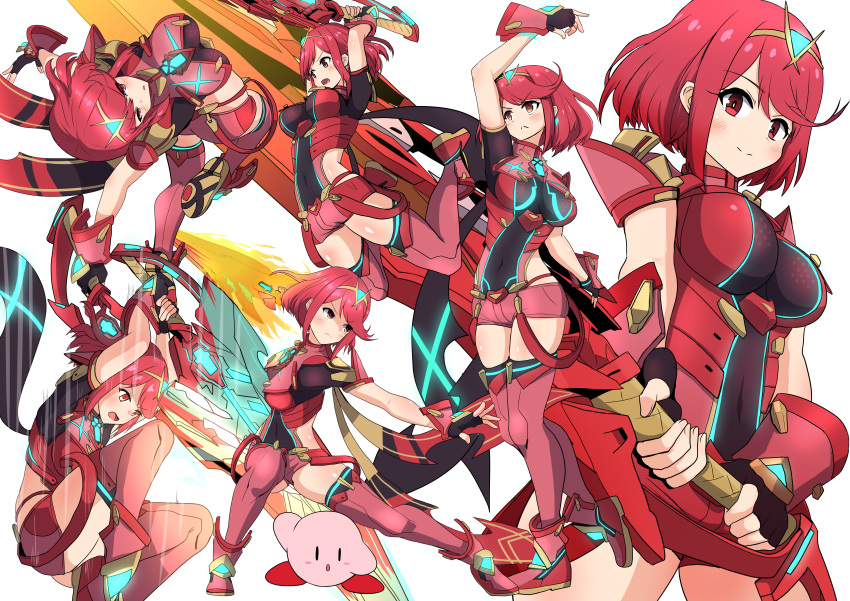 1girl absurdres aegis_sword_(xenoblade) asyura_kumo bangs black_gloves breasts chest_jewel earrings fingerless_gloves gem gloves headpiece highres huge_filesize jewelry kirby kirby_(series) large_breasts multiple_views pyra_(xenoblade) red_eyes red_legwear red_shorts redhead short_hair short_shorts shorts super_smash_bros. swept_bangs sword thigh-highs tiara weapon xenoblade_chronicles_(series) xenoblade_chronicles_2