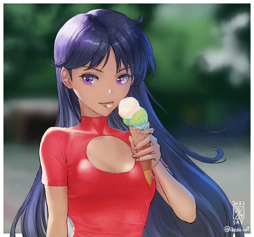 1girl :p artist_name bishoujo_senshi_sailor_moon blue_hair blurry blurry_background border breasts casual cleavage_cutout clothing_cutout commentary_request dated day depth_of_field food highres hino_rei holding holding_food ice_cream ice_cream_cone ikeda_(cpt) long_hair outdoors outside_border red_shirt shirt short_sleeves small_breasts solo straight_hair tongue tongue_out triple_scoop twitter_username upper_body v-shaped_eyebrows very_long_hair violet_eyes white_border