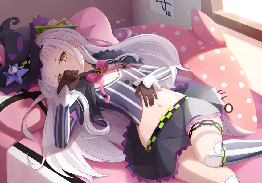 1girl black_headwear black_skirt blush brown_eyes brown_gloves commentary_request crop_top feet_out_of_frame gloves grey_shirt hair_cones hat highres hololive hot_kakigoori indoors kneehighs long_hair long_sleeves looking_at_viewer lying midriff murasaki_shion navel on_back on_bed parted_lips polka_dot shirt skirt sleeves_past_wrists smile solo striped striped_legwear striped_shirt v-shaped_eyebrows vertical-striped_legwear vertical-striped_shirt vertical_stripes very_long_hair virtual_youtuber white_hair witch_hat