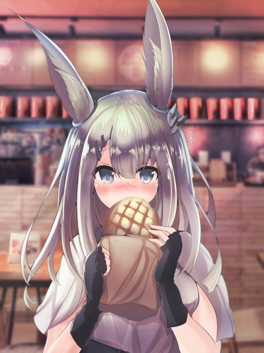 1girl absurdres al_ryude animal_ears arknights bag blue_eyes blush bread cafe chair eating english_commentary fingerless_gloves food frostnova_(arknights) gloves hair_ornament hairclip highres huge_filesize korean_commentary melon_bread mixed-language_commentary oripathy_lesion_(arknights) paper_bag rabbit_ears rabbit_girl scar scar_on_face scar_on_nose solo table white_hair