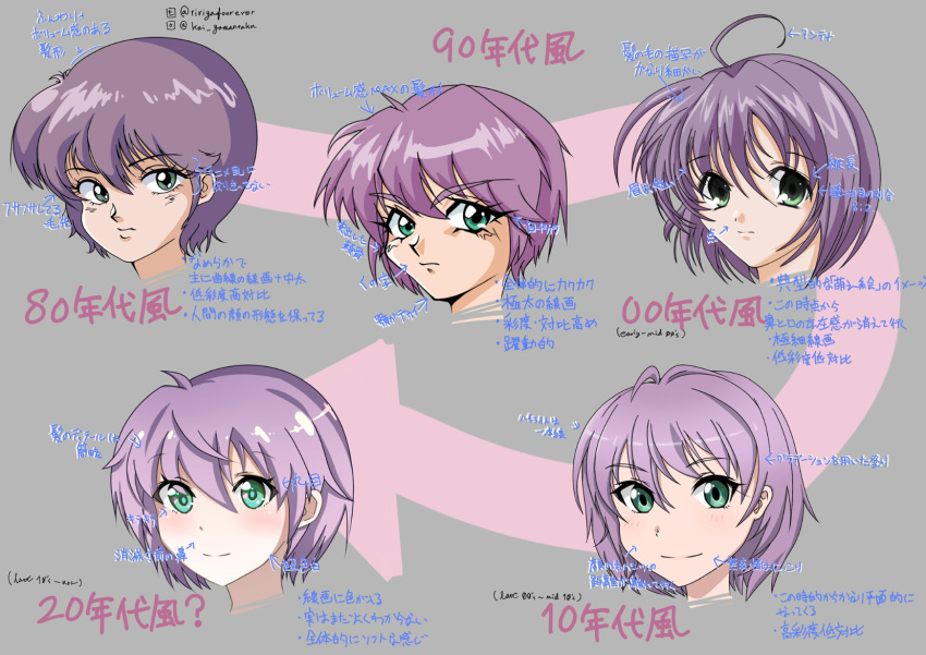1980s_(style) 1990s_(style) 1girl 2000s_(style) 2010s_(style) 2020s_(style) ahoge arrow_(symbol) chart commentary expressionless green_eyes grey_background head_only highres light_blush light_smile looking_at_viewer multiple_views original progression purple_hair retro_artstyle ririyafourever shiny shiny_hair short_hair translation_request tsurime