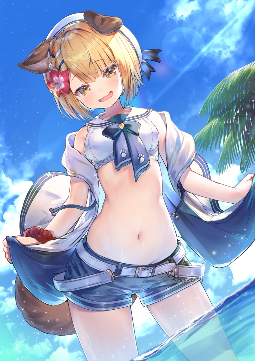 1girl animal_ears belt blonde_hair blue_shorts crop_top dog_ears dog_girl dog_tail erune flower granblue_fantasy hat hat_ribbon highres in_water looking_at_viewer medium_hair midriff navel open_mouth palm_tree ribbon sailor_collar shirt short_shorts shorts sleeveless sleeveless_shirt solo swimsuit tail topia tree vajra_(granblue_fantasy) white_headwear