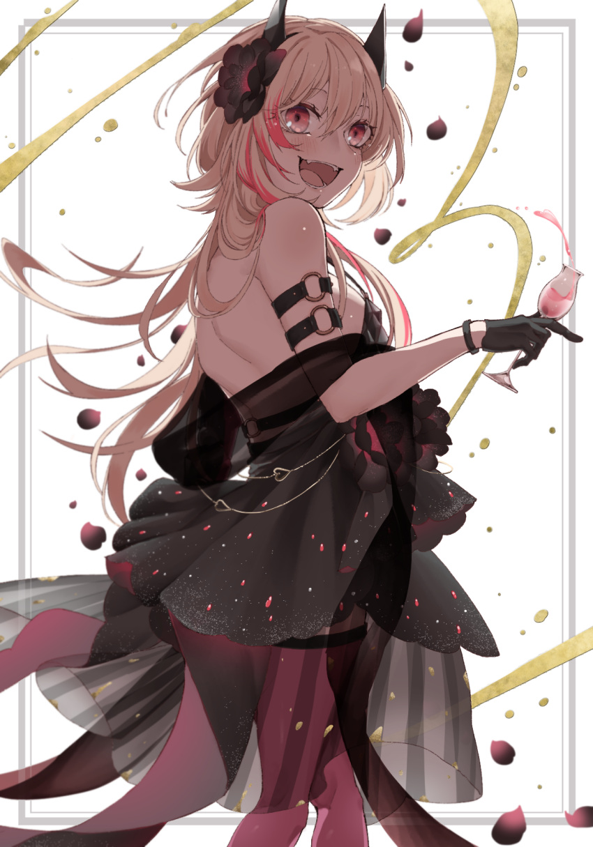 1girl black_dress black_gloves blonde_hair breasts cup dress drinking_glass girls_frontline gloves highres holding holding_cup long_hair m4_sopmod_ii_(girls_frontline) medium_breasts multicolored_hair official_alternate_costume pantyhose rabb_horn red_eyes red_legwear redhead solo streaked_hair wine_glass