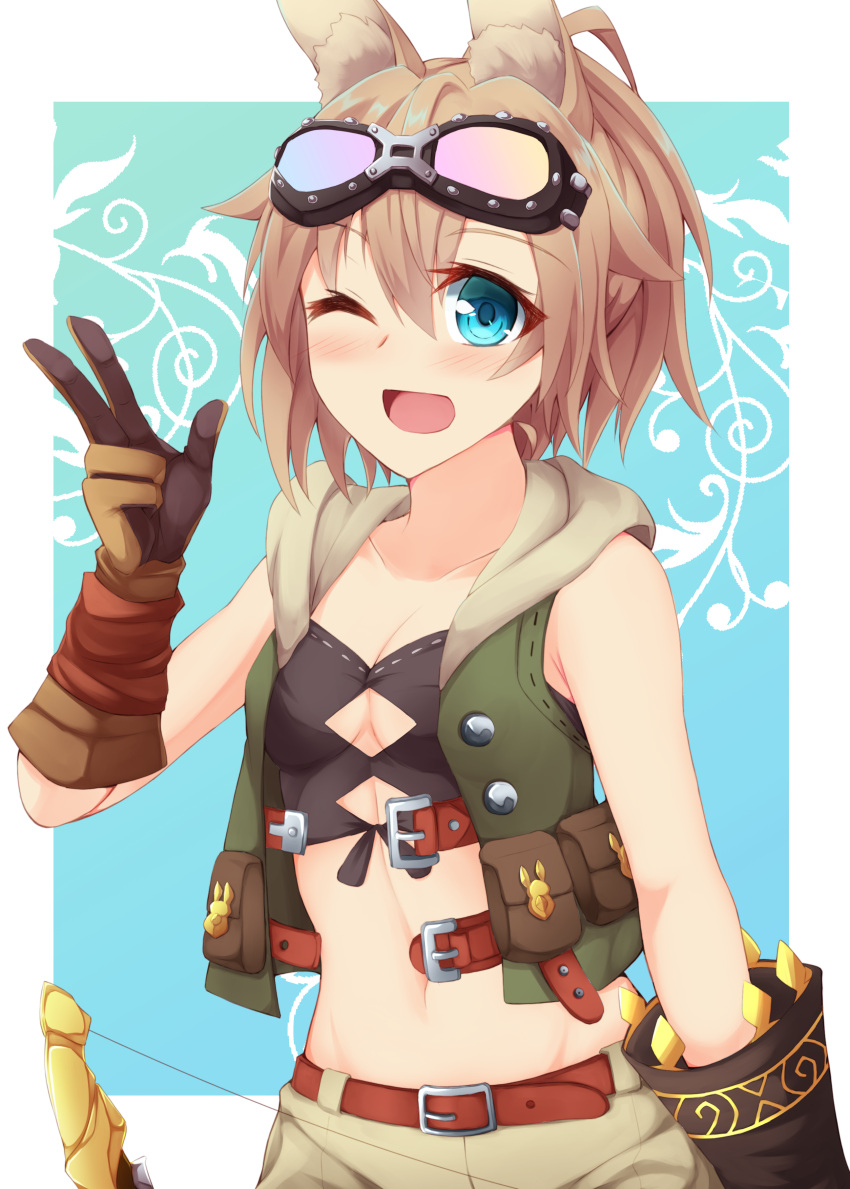 1girl absurdres animal_ear_fluff animal_ears belt black_shirt blue_background blue_eyes border bow_(weapon) breasts brown_belt brown_gloves brown_hair brown_shorts crop_top gloves goggles goggles_on_head green_hoodie highres holding holding_bow_(weapon) holding_weapon hood hood_down hoodie hound_(sekaiju) kemonomimi_mode kuzukiri_(riezenagel) looking_at_viewer navel one_eye_closed open_clothes open_hoodie open_mouth outside_border ria_(kuzukiri) sekaiju_no_meikyuu shirt short_hair shorts small_breasts smile solo standing w weapon white_border