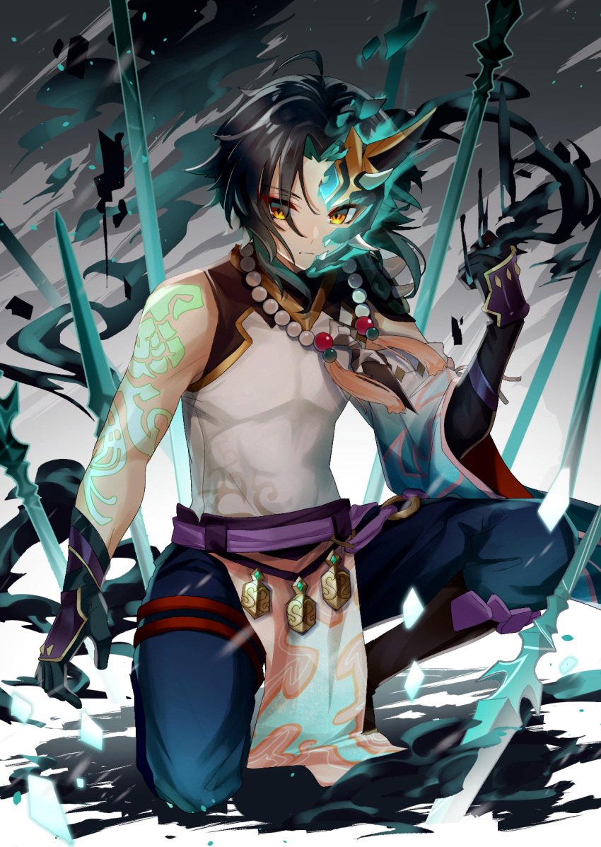 1boy ahoge arm_guards arm_tattoo armor asymmetrical_clothes bangs bead_necklace beads black_gloves black_hair clenched_hand closed_mouth commentary_request detached_sleeves diamond-shaped_pupils diamond_(shape) eyebrows_visible_through_hair eyeshadow facial_mark fangs forehead_mark genshin_impact gloves green_gloves green_hair highres jewelry makeup male_focus mask masked multicolored_hair necklace parted_bangs pendant planted planted_spear polearm red_eyeshadow short_hair_with_long_locks shoulder_armor shoulder_pads shoulder_spikes simple_background single_bare_shoulder single_detached_sleeve slit_pupils solo spear spikes symbol-shaped_pupils tassel tattoo two-tone_hair umeno_(tuzk7284) weapon wide_sleeves xiao_(genshin_impact) yellow_eyes