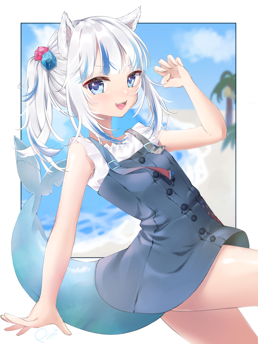 1girl :d absurdres animal_ears beach black_dress blue_eyes blue_hair buttons cat_ears claw_pose dress fish_tail frilled_sleeves frills gawr_gura hair_cubes hair_ornament highres hololive hololive_english looking_at_viewer medium_hair multicolored_hair open_mouth pato_(8o_10) shark_girl shark_tail sharp_teeth shirt short_dress short_sleeves side_ponytail sidelocks silver_hair sleeveless sleeveless_dress smile solo streaked_hair tail teeth tropical virtual_youtuber white_shirt
