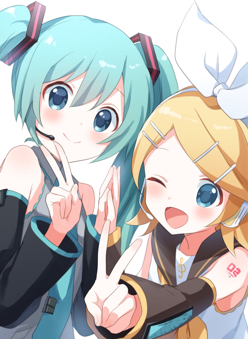 2girls aqua_eyes aqua_hair aqua_neckwear arm_warmers bangs bare_shoulders black_collar black_sleeves blonde_hair bow buchi_(y0u0ri_) collar commentary detached_sleeves grey_shirt hair_bow hair_ornament hairclip hands_together hatsune_miku headphones headset highres kagamine_rin long_hair looking_at_viewer multiple_girls necktie one_eye_closed open_mouth outstretched_arm palms_together sailor_collar school_uniform shirt short_hair shoulder_tattoo sleeveless sleeveless_shirt smile spiky_hair swept_bangs tattoo treble_clef twintails upper_body v very_long_hair vocaloid white_bow white_shirt