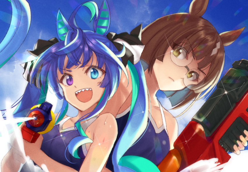 2girls :d animal_ears bangs bare_arms bare_shoulders blue_eyes blue_hair blue_sky blue_swimsuit breasts brown_eyes brown_hair clouds commentary_request day eyebrows_visible_through_hair glasses heterochromia highres holding horse_ears ikuno_dictus_(umamusume) kabocha_(monkey4) looking_at_viewer multiple_girls one-piece_swimsuit open_mouth outdoors round_eyewear sharp_teeth sky small_breasts smile swimsuit teeth twin_turbo_(umamusume) twintails umamusume upper_body v-shaped_eyebrows violet_eyes water water_gun