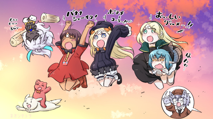&gt;_&lt; +_+ 2boys 4girls :3 :d abigail_williams_(fate) animal arjuna_alter_(fate) arms_up asha_(fate) bangs black_dress black_footwear black_hair black_headwear blonde_hair bloomers blush_stickers boots bow brown_footwear brown_headwear brown_jacket cabbie_hat capelet chikuwa closed_eyes closed_mouth clouds commentary_request crossed_bandaids dark-skinned_female dark_skin dog dress eyebrows_visible_through_hair fate/grand_order fate_(series) food furry gerda_(fate) green_capelet green_eyes hair_bow hat highres hope_(fate) jacket jumping kirara_jump long_hair long_sleeves multiple_boys multiple_girls neon-tetora open_mouth orange_bow outdoors parted_bangs patxi_(fate) pointy_ears red_dress shoes short_sleeves sky sleeves_past_fingers sleeves_past_wrists smile socks stuffed_animal stuffed_toy sunset teddy_bear translation_request underwear v-shaped_eyebrows very_long_hair white_bloomers white_hair white_legwear xd