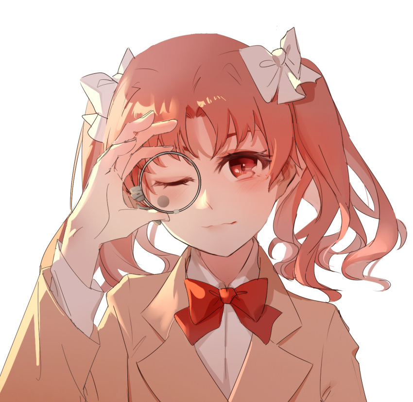 1girl bangs bow bowtie brown_hair brown_jacket closed_mouth collared_shirt commentary_request hair_bow hand_up highres jacket light_smile long_hair long_sleeves monocle one_eye_closed piie red_eyes red_neckwear shirai_kuroko shirt simple_background solo toaru_kagaku_no_railgun toaru_majutsu_no_index twintails upper_body white_background white_bow white_shirt