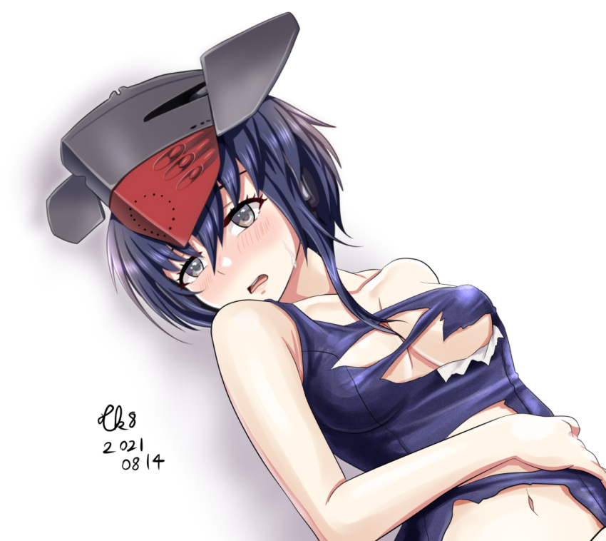 1girl asymmetrical_hair black_hair blush breasts brown_eyes collarbone dated dutch_angle embarrassed eyebrows_visible_through_hair gradient gradient_background hair_between_eyes headgear headphones i-13_(kancolle) kantai_collection lips looking_at_viewer lying navel one-piece_swimsuit open_mouth school_swimsuit shadow short_hair signature small_breasts solo sweatdrop swimsuit tk8d32 torn_clothes torn_swimsuit white_background