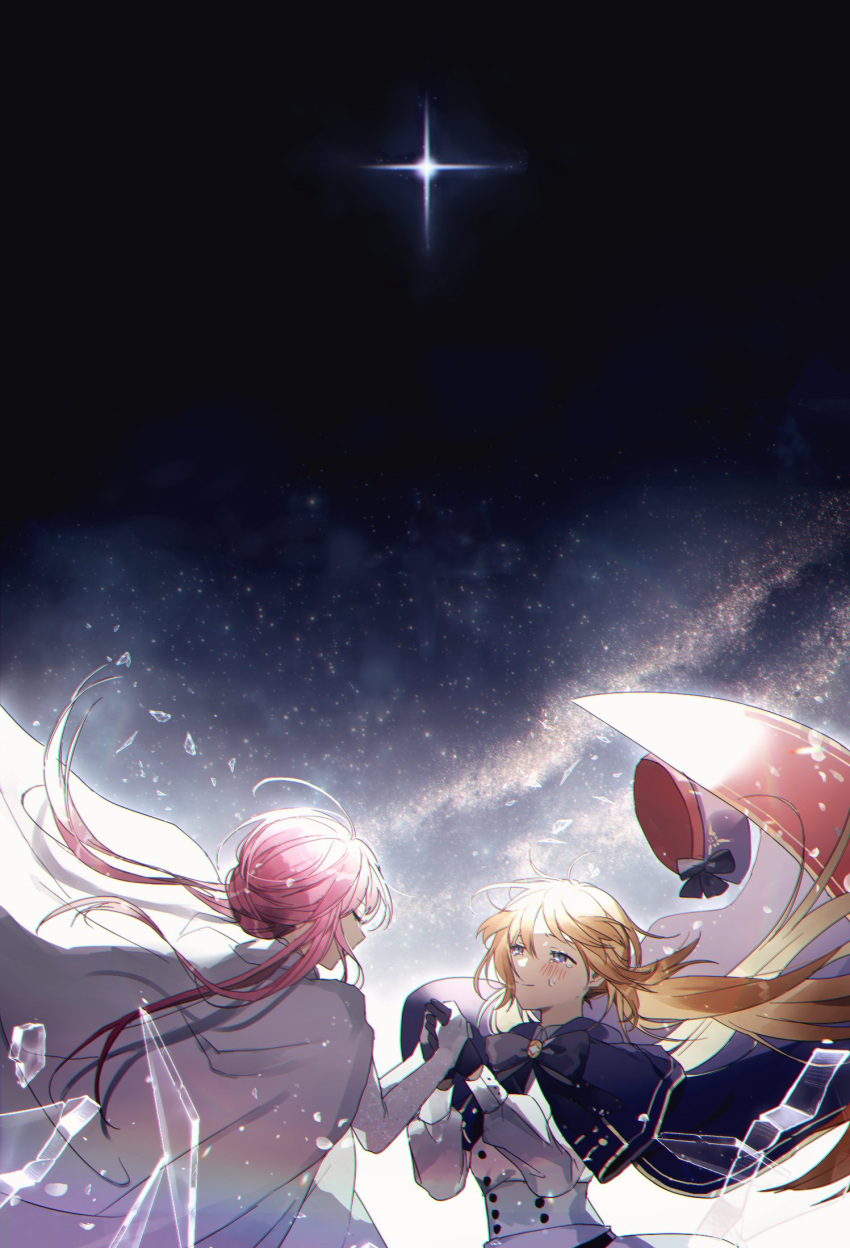 2girls artoria_pendragon_(caster)_(fate) artoria_pendragon_(fate) black_bow black_gloves black_neckwear blonde_hair blue_cape blue_headwear blush bow bowtie broken_glass cape closed_eyes closed_mouth commentary_request crying crying_with_eyes_open dress elbow_gloves fate/grand_order fate_(series) floating_hair glass gloves hat hat_bow highres holding holding_hands knocknarea_(fate) long_hair long_sleeves looking_at_another multiple_girls night night_sky outdoors pink_hair removing_hat sky smile star_(sky) starry_sky syerii tearing_up tears twintails very_long_hair white_cape white_dress white_gloves